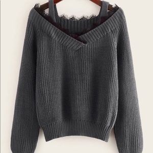 Cold shoulder contrast lace sweater SHEIN